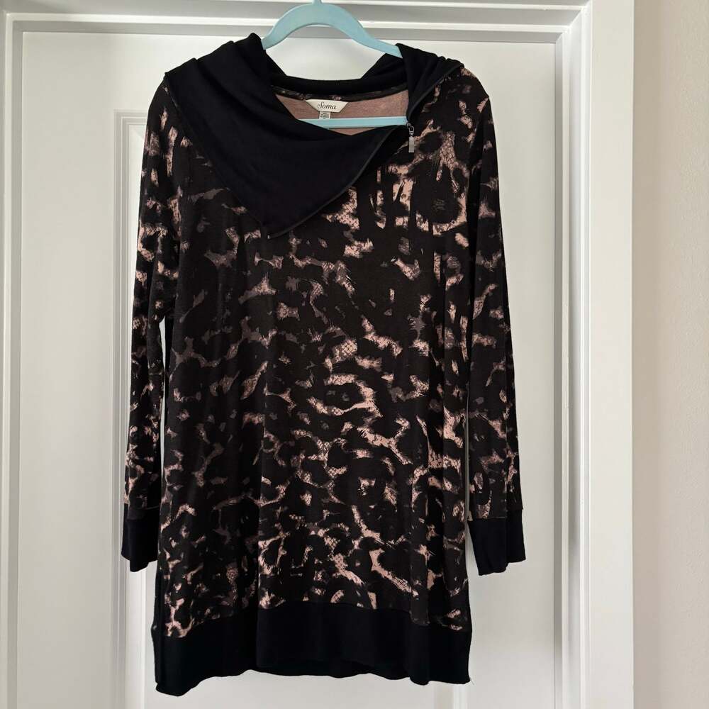 Soma Zip Cowl Neck Lightweight Sweater Size M Animal Print Rayon Fabric